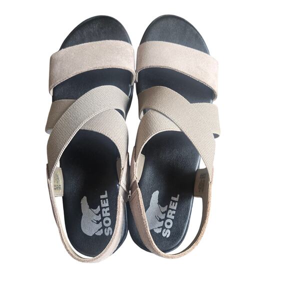 Sorel Sandal US 8.5 Cameron Stretch Leather Strappy Cork Wedge Tan Black Preppy - Picture 6 of 8